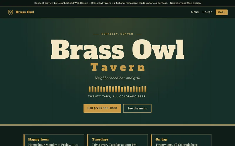 The top of the Brass Owl Tavern example site